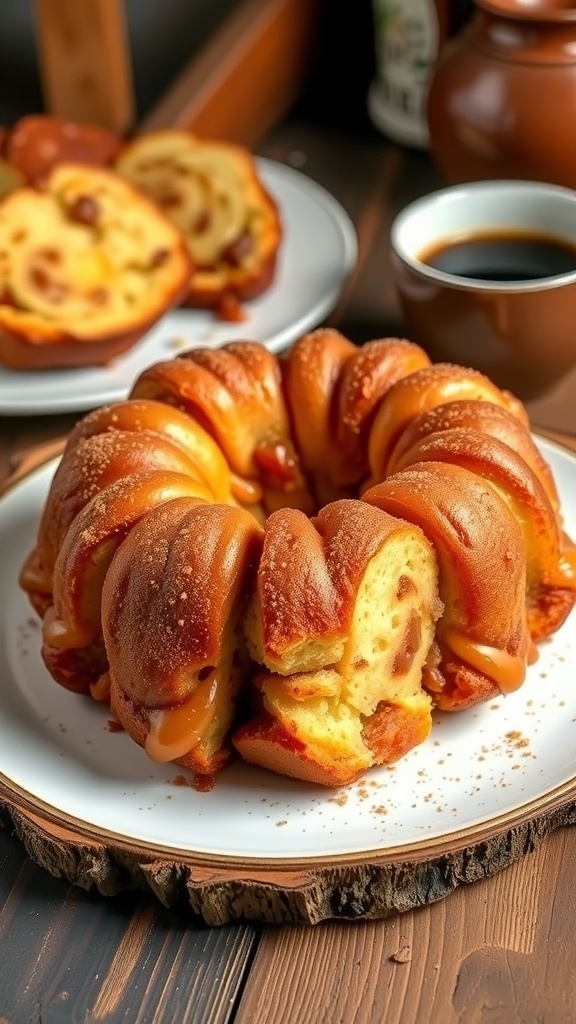 Golden-brown monkey bread on a wooden table, with pieces pulled apart, showcasing its gooey interior.